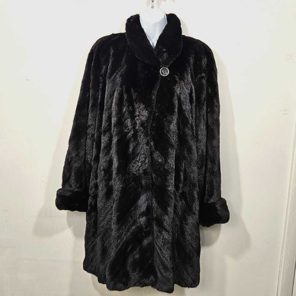 BLACKGLAMA Dark Ranch Mink Fur Coat‎ - Size 12 - Perfect Condition with Hood